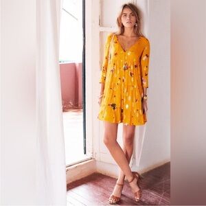 SEZANE | AURE SILK MINI FLORAL DRESS IN SAFFRON YELLOW SIZE 36 US 4 SMALL